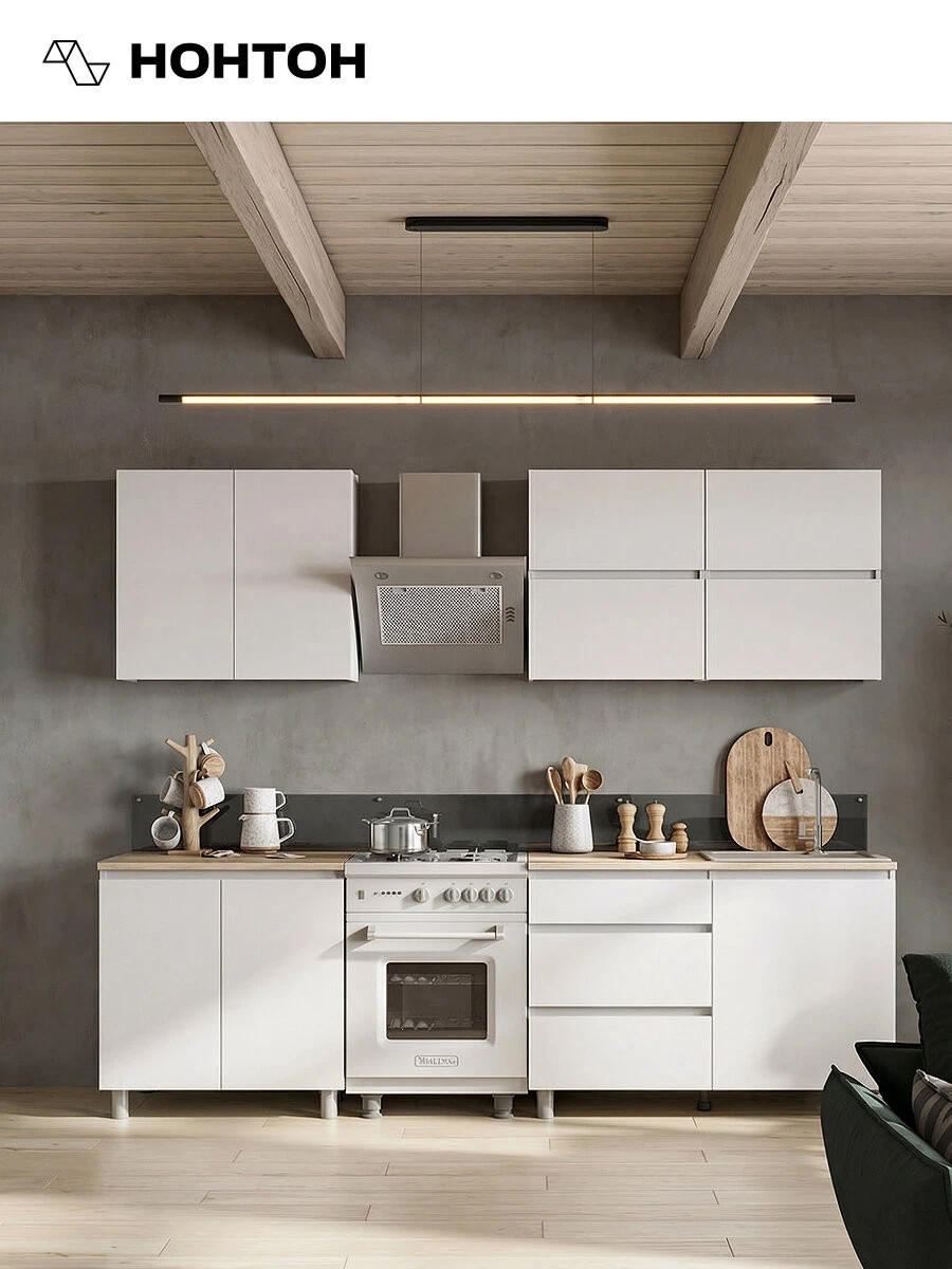 Кухонный гарнитур прямой Нонтон Грейс 2.0 м белый текстурный / дуб сонома